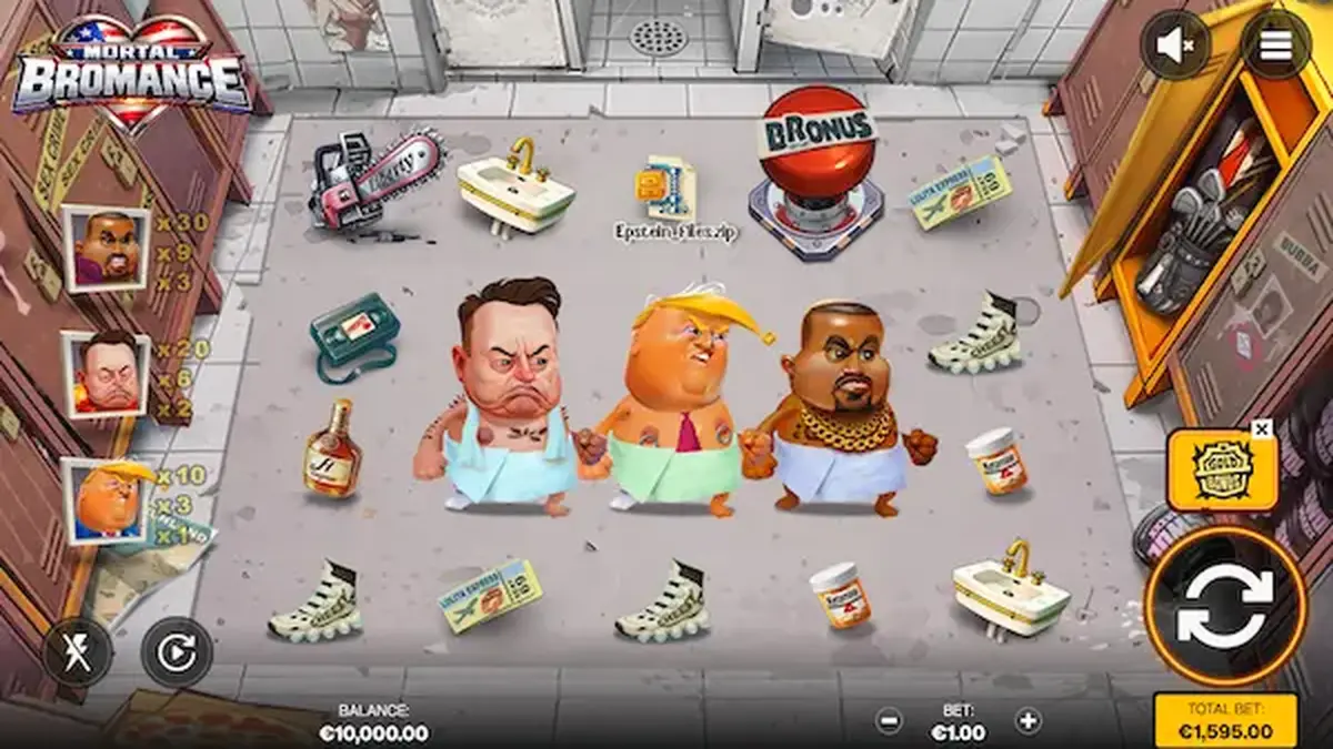 Tela principal do slot Mortal Bromance com personagens caricatos