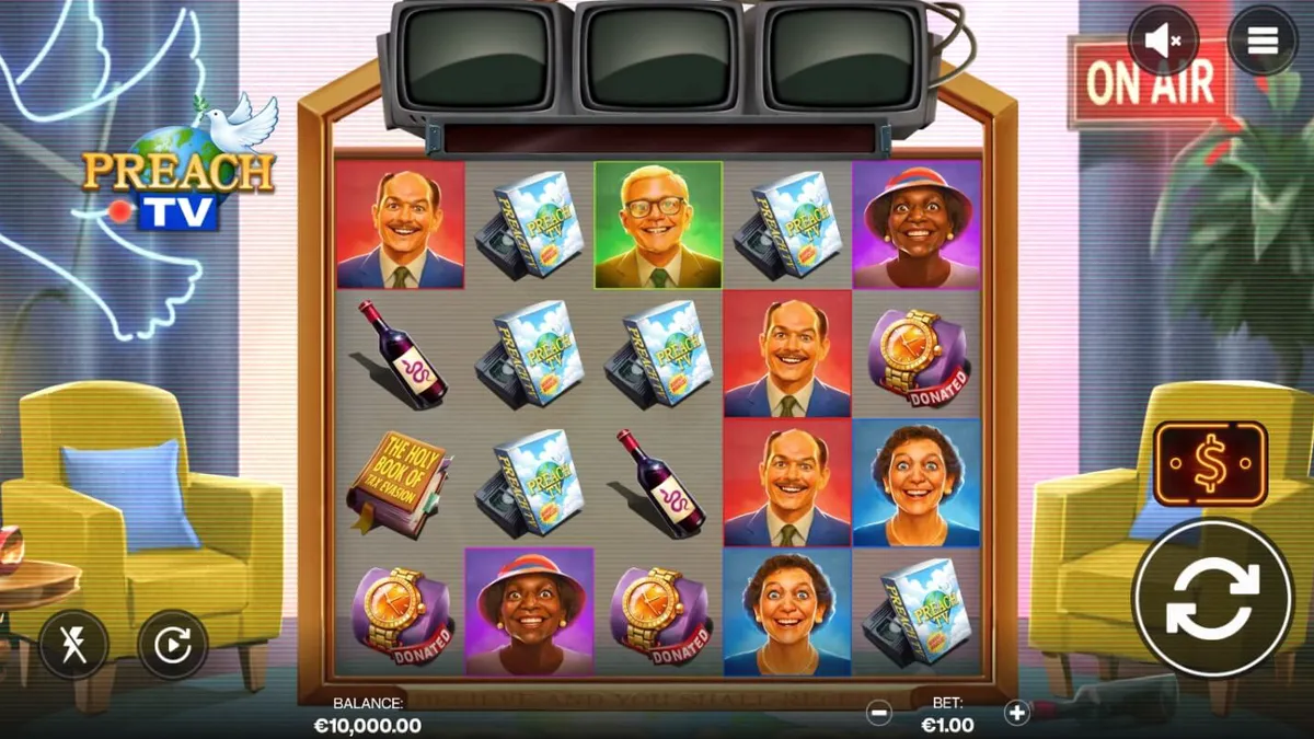 Tela de jogo do caça-níqueis Preach TV com estética de estúdio de televisão dos anos 90