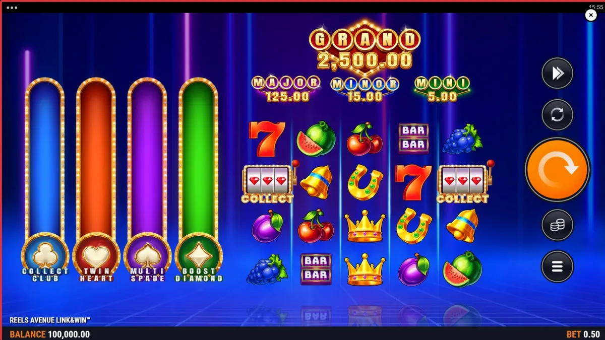 Visual futurista e minimalista do slot Reels Avenue Link&Win com grades flutuantes e luzes neon.